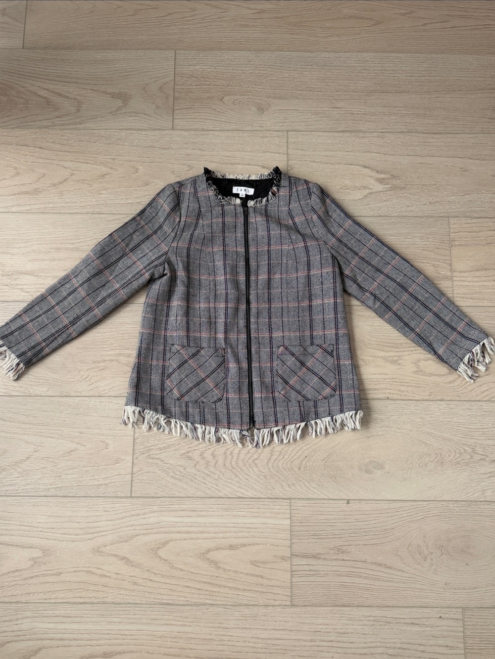 THML Gray Plaid Fringe-Trim Blazer with Pink Accents